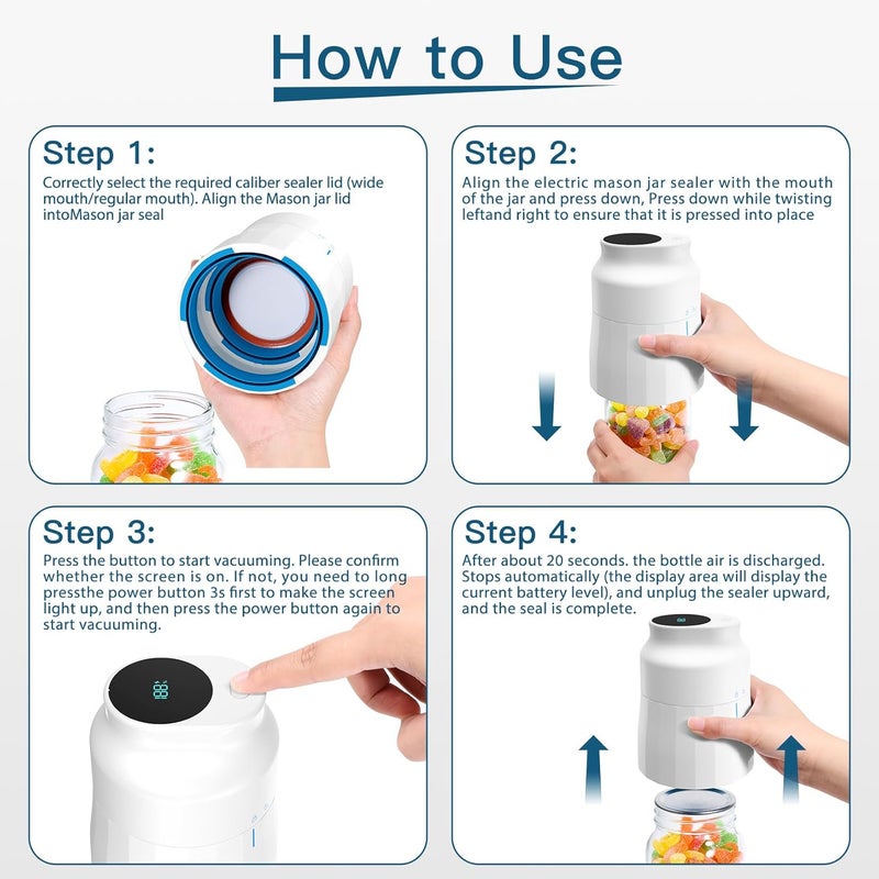 afontoto Electric Mason Jar Vacuum Sealer Kit for Wide Mouth and Regular Mouth Mason Jars Vacuum Sealing Machine for Food Storage Compatible with Vacuum Zipper Bags and Vacuum Seal Containers - Image 4